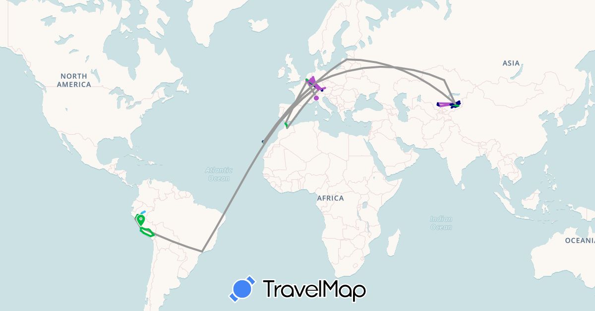 TravelMap itinerary: driving, bus, plane, train, hiking, boat in Belgium, Brazil, Germany, Spain, Italy, Kyrgyzstan, Kazakhstan, Luxembourg, Latvia, Morocco, Peru (Africa, Asia, Europe, South America)
