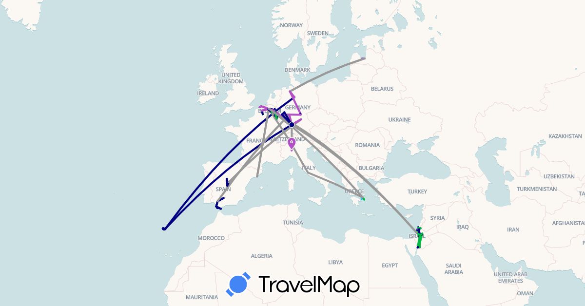 TravelMap itinerary: driving, bus, plane, train, boat in Belgium, Germany, Spain, France, Gibraltar, Greece, Israel, Italy, Jordan, Luxembourg, Latvia, Netherlands, Portugal (Asia, Europe)