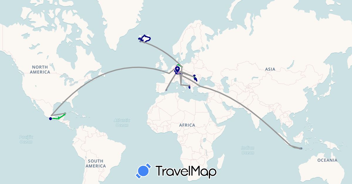 TravelMap itinerary: driving, bus, plane, train, boat in Albania, Germany, Spain, France, Indonesia, Iceland, Italy, Mexico, Romania, Turkey (Asia, Europe, North America)