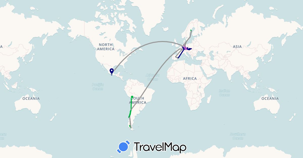 TravelMap itinerary: driving, bus, plane, cycling, train, hiking, boat in Austria, Bolivia, Chile, Czech Republic, Germany, Denmark, Spain, France, Mexico, Netherlands, Sweden, Slovakia (Europe, North America, South America)