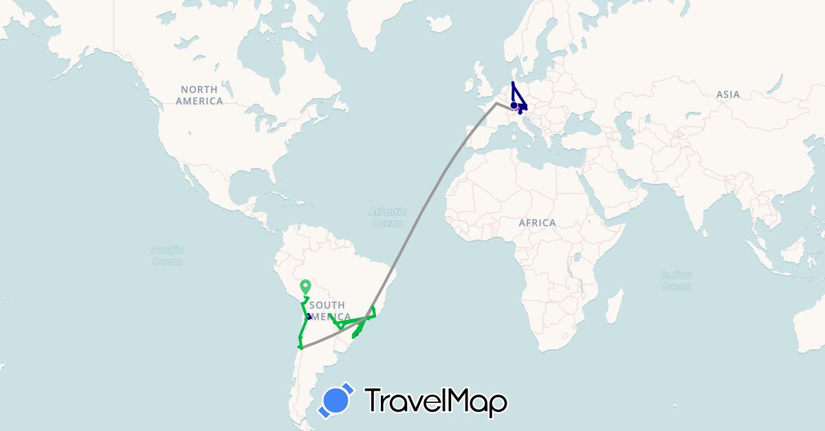 TravelMap itinerary: driving, bus, plane, train, hiking, boat in Argentina, Austria, Bolivia, Brazil, Switzerland, Chile, Germany, France, Italy, Paraguay (Europe, South America)