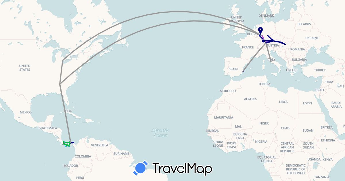 TravelMap itinerary: driving, bus, plane, train, hiking, boat in Austria, Costa Rica, Germany, Spain, Hungary, Italy, Panama, Slovakia, United States, Vatican City (Europe, North America)