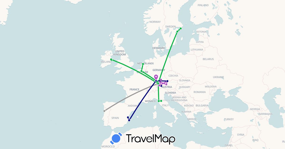 TravelMap itinerary: driving, bus, plane, train in Austria, Belgium, Germany, Spain, Ireland, Italy, Netherlands, Portugal, Sweden (Europe)