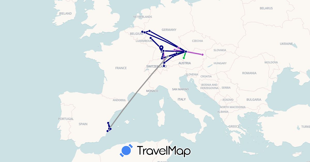 TravelMap itinerary: driving, bus, plane, train in Austria, Switzerland, Germany, Spain, Liechtenstein, Netherlands (Europe)